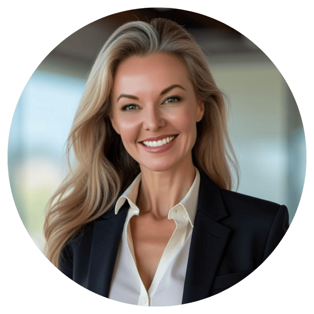 Smiling professional woman in business attire at My Cosmetic Clinic.
